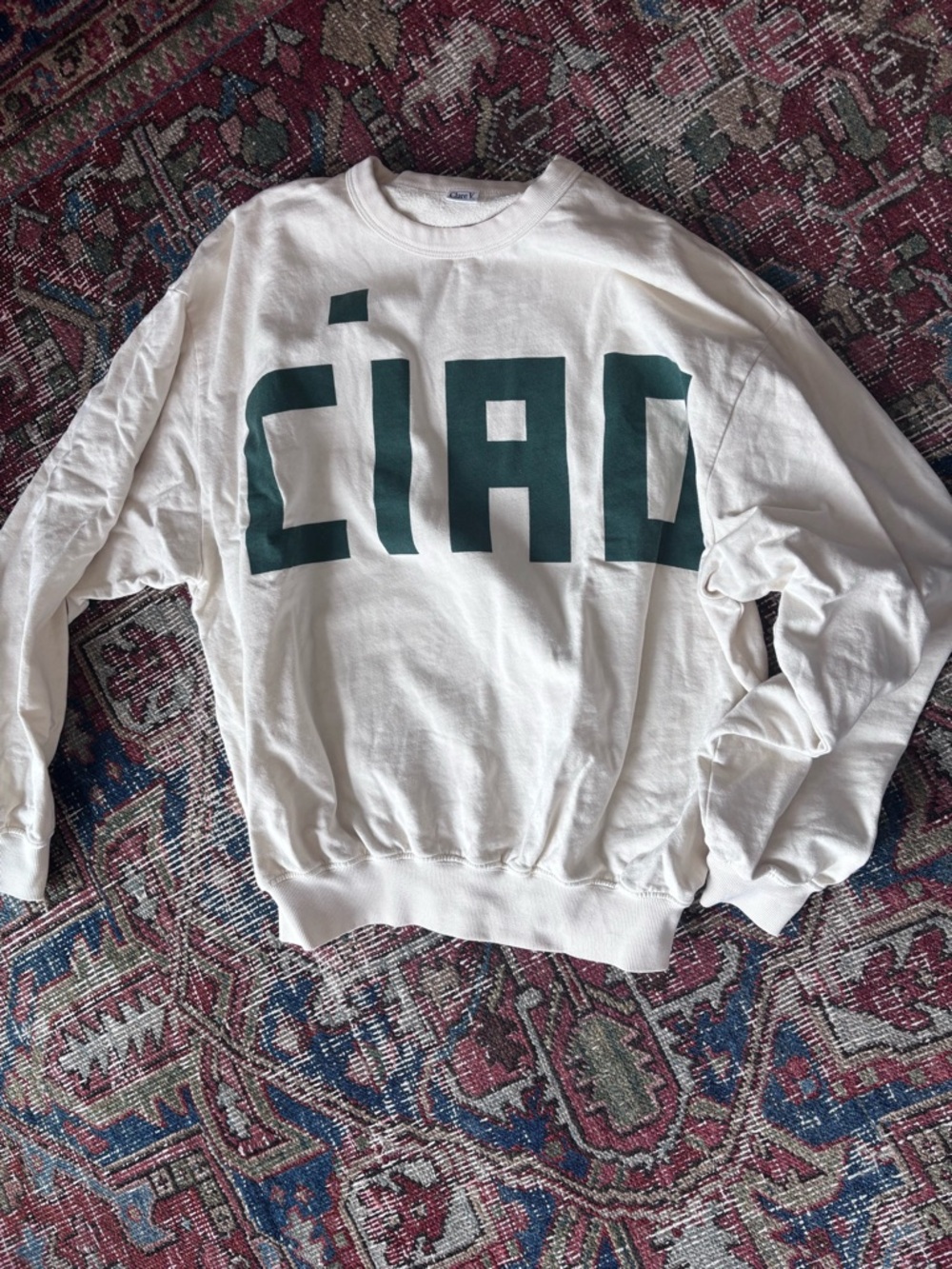 White Crewneck Sweater with Dark Green 'CIAO' Graphic